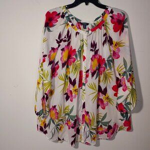 Chaps White Floral Scoop Neck Balloon Long Sleeves Blouse Size XL